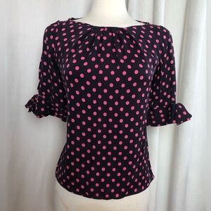 Milly Silk Blouse Womens Size 0 Pink Polka Dot Tie Neck 3/4 Sleeve Top Blouse